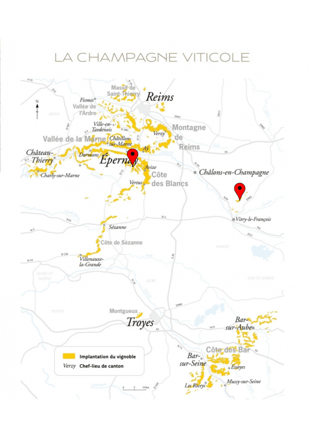 Carte du vignoble champenois, terroirs des Coteaux sud d’Épernay et du Vitryat